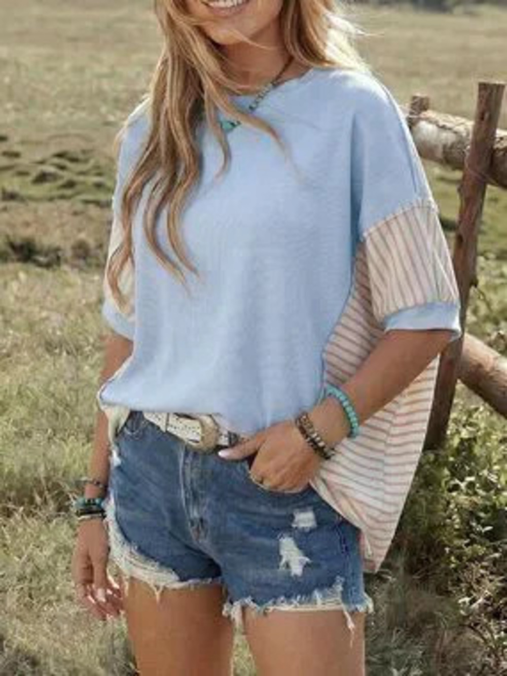 Baby Blue Casual Women's Oversized Regular Hem Round Neck Striped Batwing Top